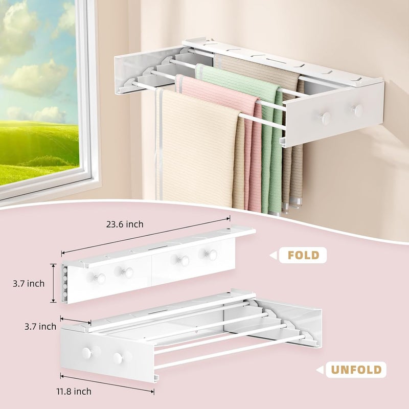 BAKON Wall Mounted Drying Rack with 4 Hooks and Shelf, Foldable Clothes Drying Rack for Laundry Room, Collapsible Laundry Rack Wall Mount, for Indoor Outdoor Hanging Clothes, 23.6 Inch - Image 2